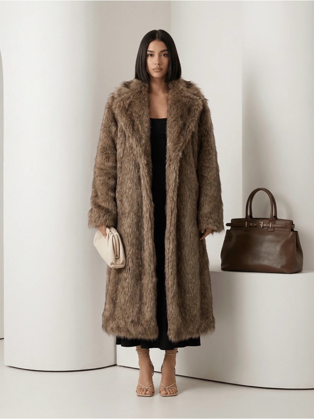 Long Faux Fur Trench Coat in Taupe Brown - Women's Luxe Outerwear